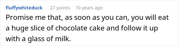 Screenshot of a forum comment advising to eat chocolate cake and drink milk, relating to parents lied food allergies daughter no contact.