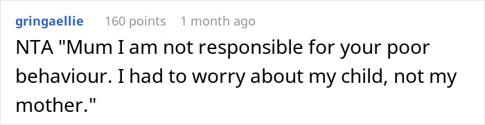 Screenshot of a forum comment where a user denies responsibility after a mother accuses daughter of kidnapping during child’s procedure. Screenshot of a forum comment where a user denies responsibility after a mother accuses daughter of kidnapping during child’s procedure.