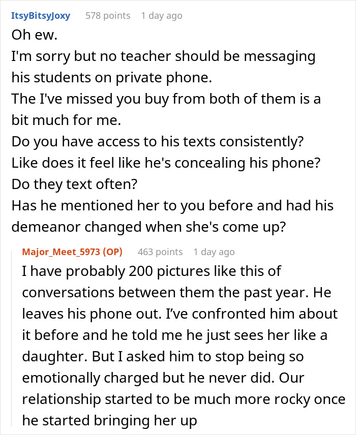 Reddit conversation discussing 43YO texting former student and partner sharing screenshots for judgment. Reddit conversation discussing 43YO texting former student and partner sharing screenshots for judgment.