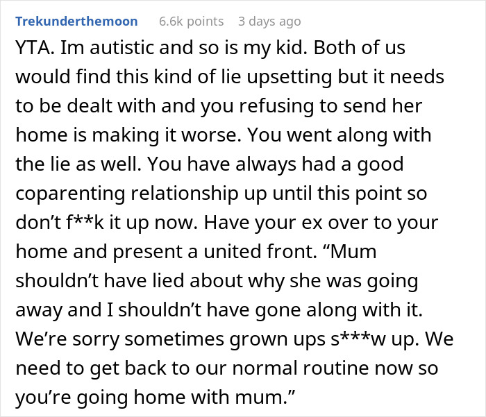Comment discussing how a woman’s work trip turned vacation upset her autistic child, affecting their routine and home return. Comment discussing how a woman’s work trip turned vacation upset her autistic child, affecting their routine and home return.