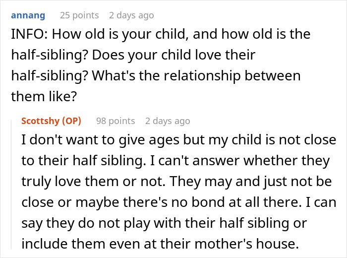 Screenshot of an online discussion where a user explains their child is not close to their half sibling after family changes. Screenshot of an online discussion where a user explains their child is not close to their half sibling after family changes.