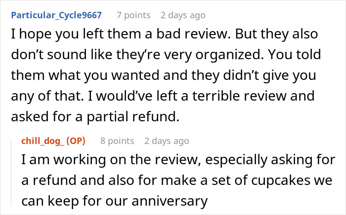 Comments discussing wedding vendors and a bride's allergy causing issues with providing cupcakes and asking for a refund. Comments discussing wedding vendors and a bride's allergy causing issues with providing cupcakes and asking for a refund.
