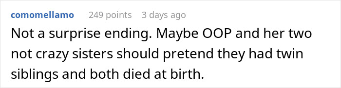 Comment on a forum discussing a sister revealed dead brother lie, suggesting fake twin siblings who died at birth.