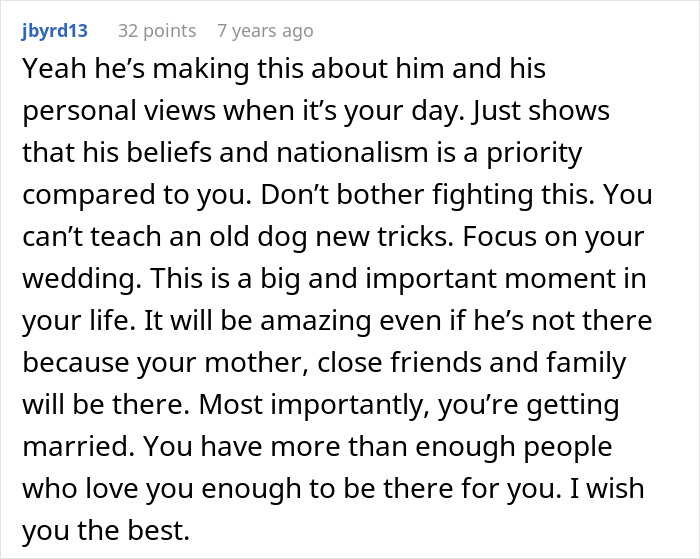 Comment expressing disappointment about bride&rsquo;s father refusing to attend wedding due to American soil nationalism.