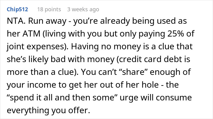 Comment discussing boyfriend being selfish with money and woman demanding combined income in a relationship conflict. Comment discussing boyfriend being selfish with money and woman demanding combined income in a relationship conflict.