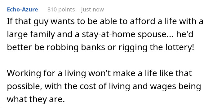 Comment discussing financial challenges of supporting a large family and stay-at-home spouse related to boyfriend mother family expectations.