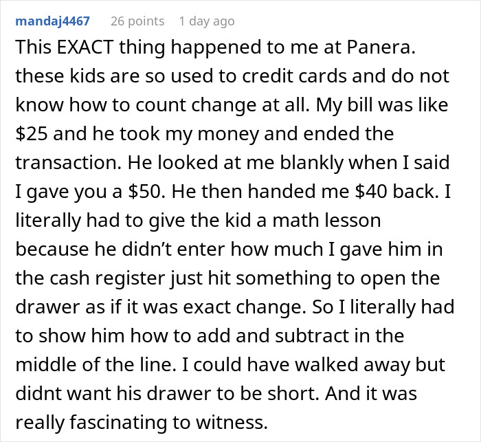 User comment about a waiter who assumed $40 change was a tip and required a math lesson on giving correct change. User comment about a waiter who assumed $40 change was a tip and required a math lesson on giving correct change.