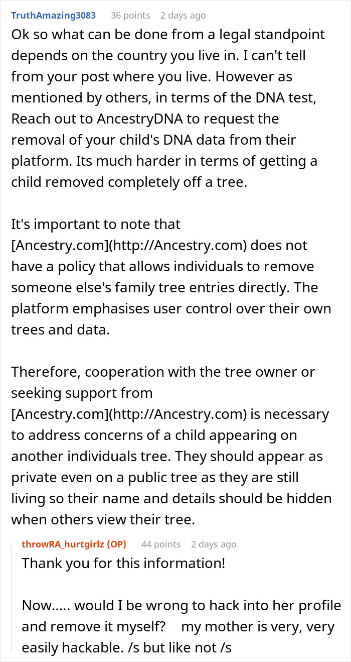 Reddit conversation discussing legal options and privacy concerns about ancestry tests and family tree data.