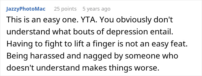 Comment discussing struggles of depression and the impact of being judged as lazy by a partner. Comment discussing struggles of depression and the impact of being judged as lazy by a partner.
