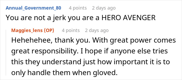 Screenshot of an online comment where a woman shares laughter and guilt after her hot revenge on neighborhood kids works like magic.
