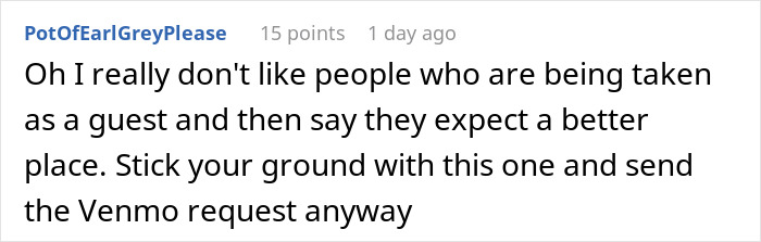 Comment text on social media about a woman duped by a friend who forgot her wallet and never said thank you.