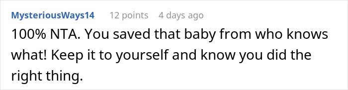 Comment text about reporting sister to CPS over plan to illegally adopt a baby, supporting the decision as the right thing to do.