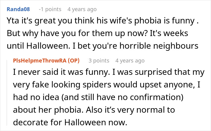 Screenshot of an online discussion where a neighbor complains about Halloween decorations causing a phobia concern.