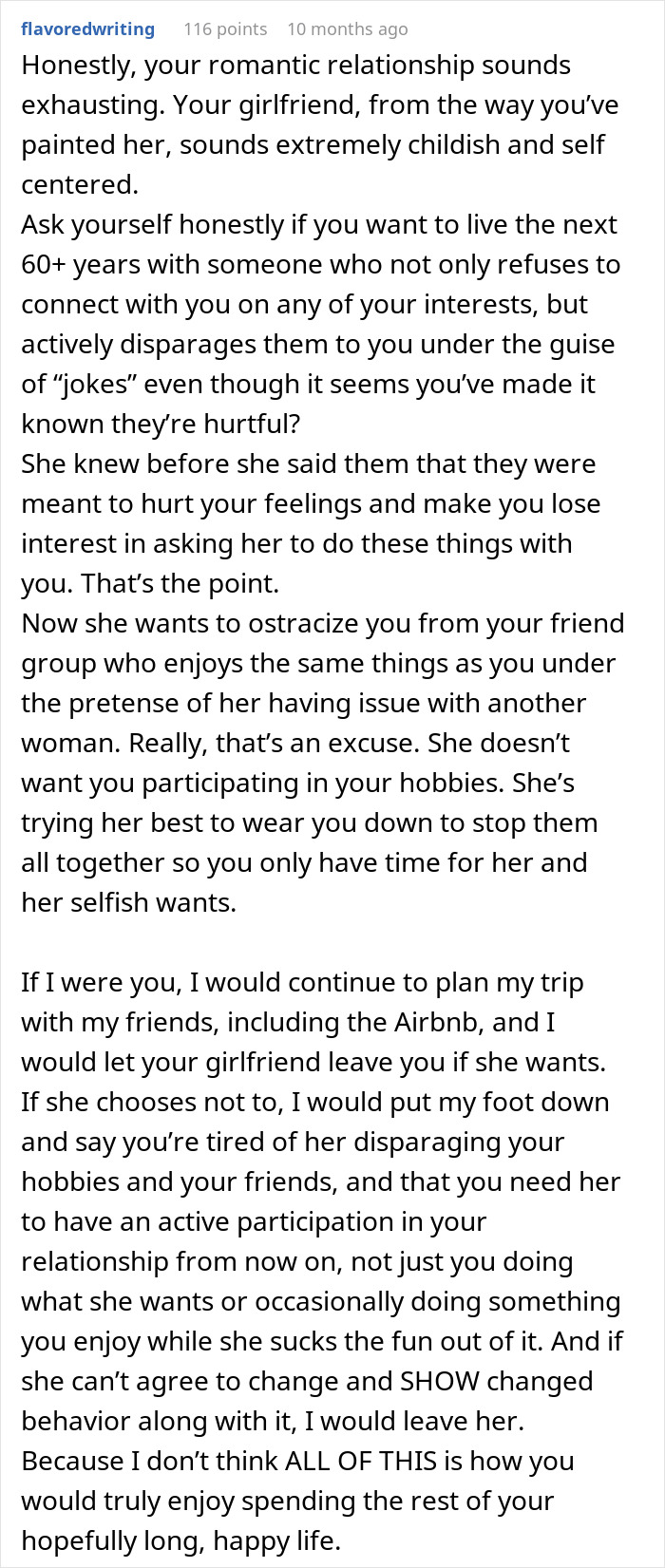 Text advice about a girlfriend not wanting boyfriend to go on trip with female friend, reconsidering relationship boundaries Text advice about a girlfriend not wanting boyfriend to go on trip with female friend, reconsidering relationship boundaries