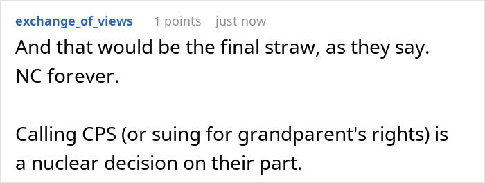 Screenshot of a forum comment discussing a couple banning toxic in-laws and the consequences involving CPS. Screenshot of a forum comment discussing a couple banning toxic in-laws and the consequences involving CPS.