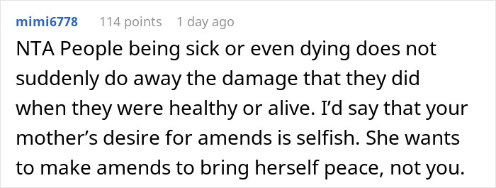 Comment on a forum discussing a mom telling her daughter she wishes she was never born, highlighting the daughter's refusal to reconcile. Comment on a forum discussing a mom telling her daughter she wishes she was never born, highlighting the daughter's refusal to reconcile.