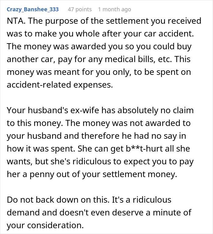 Woman uses car accident settlement money to buy a new car while husband’s ex-wife reacts negatively online.