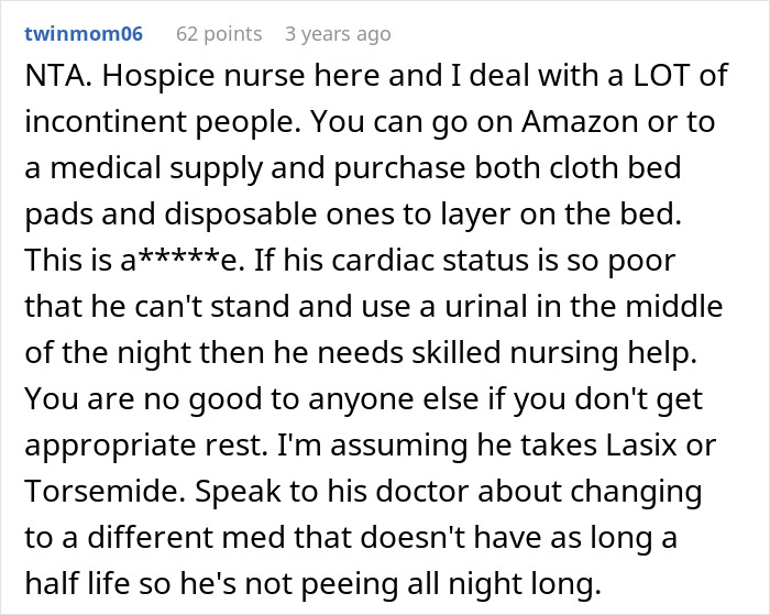 Hospice nurse advises on managing bed cleaning and incontinence for spouse refusing diapers or catheter use. Hospice nurse advises on managing bed cleaning and incontinence for spouse refusing diapers or catheter use.