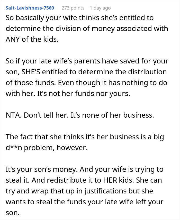 Screenshot of a Reddit comment discussing wife’s tantrum over stepson’s inheritance from late mother and entitlement to the funds. Screenshot of a Reddit comment discussing wife’s tantrum over stepson’s inheritance from late mother and entitlement to the funds.