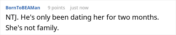 Screenshot of a Reddit comment saying the man draws a line when bro's girlfriend mocks his wife at Thanksgiving.