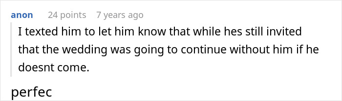 Screenshot of a forum comment discussing a bride&rsquo;s father refusing to attend a wedding not held on American soil.