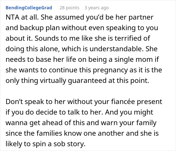 Screenshot of Reddit comment discussing a woman keeping ex’s baby and assuming male best friend will act as father. Screenshot of Reddit comment discussing a woman keeping ex’s baby and assuming male best friend will act as father.