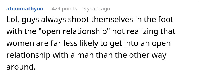 Comment discussing how men often regret forcing open relationships, highlighting challenges in average 41YO's open marriage. Comment discussing how men often regret forcing open relationships, highlighting challenges in average 41YO's open marriage.