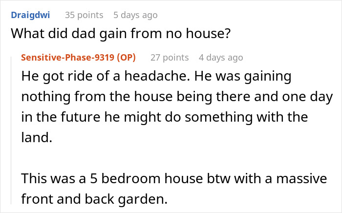 Screenshot of a forum discussion about an entitled brother and the house ride involving a family property dispute. Screenshot of a forum discussion about an entitled brother and the house ride involving a family property dispute.