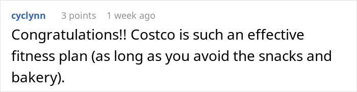 Comment text reading positive feedback on Costco as an effective fitness plan for weight loss, highlighting its role in losing 130 lbs.