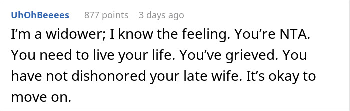 Comment from a widower offering support and advice about moving on after the death of a spouse. Comment from a widower offering support and advice about moving on after the death of a spouse.