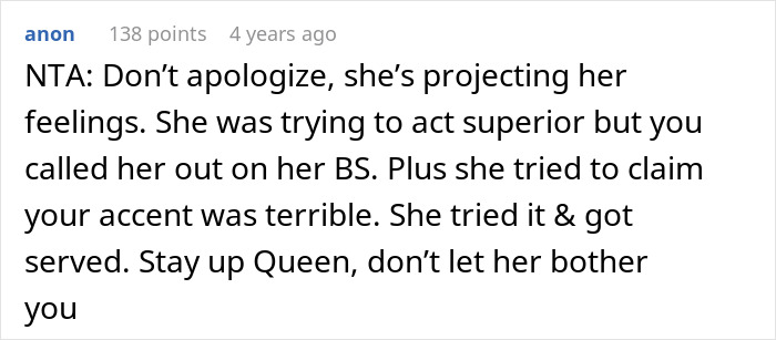 Screenshot of an online comment discussing a woman embarrassing a new colleague by speaking in a language she claimed to know well. Screenshot of an online comment discussing a woman embarrassing a new colleague by speaking in a language she claimed to know well.