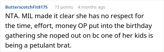 Comment discussing MIL ruining birthday by being a no-show and DIL refusing to celebrate with her again in their house. Comment discussing MIL ruining birthday by being a no-show and DIL refusing to celebrate with her again in their house.