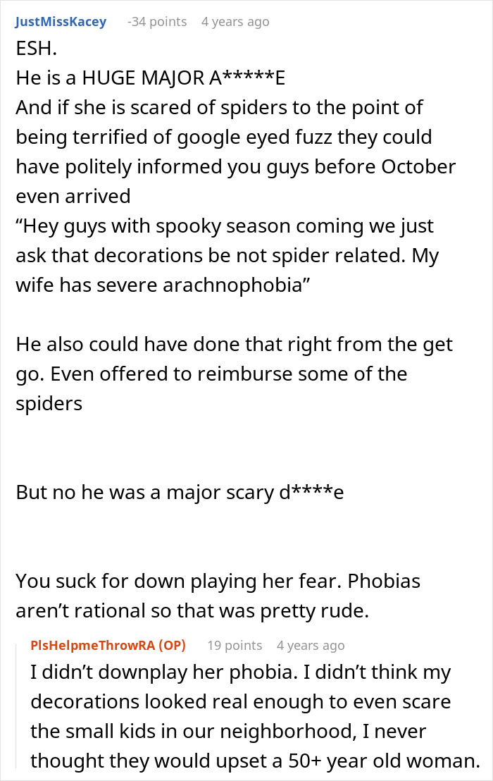 Screenshot of online comments about neighbor threatening couple over Halloween decorations featuring spider phobia and decoration disputes.