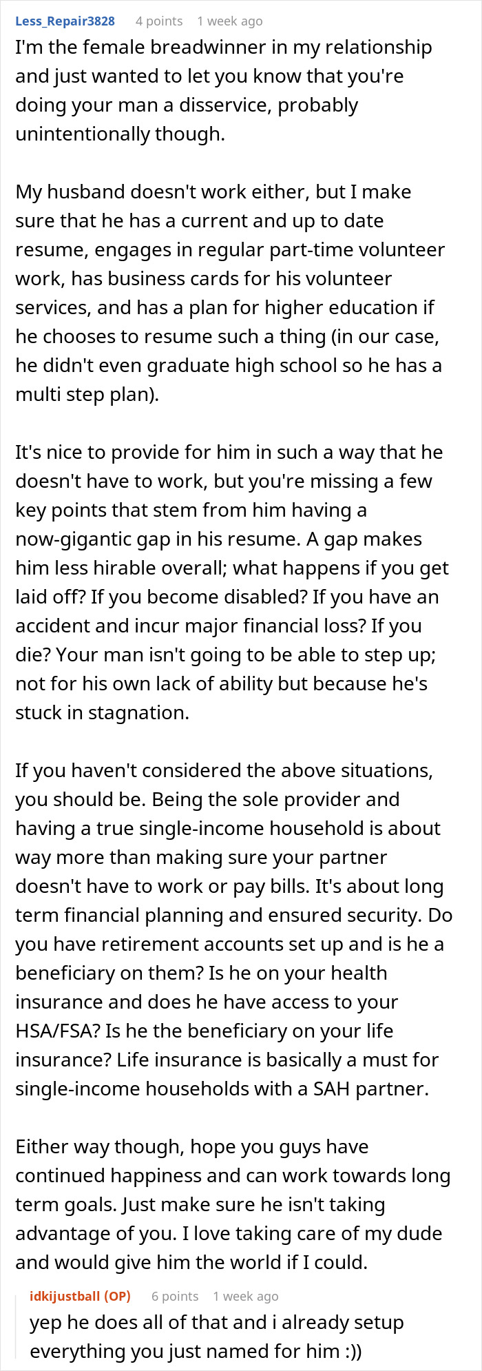 Woman proudly funds her stay-at-home boyfriend&rsquo;s life, praising his intelligence, kindness, and worthiness in their relationship.