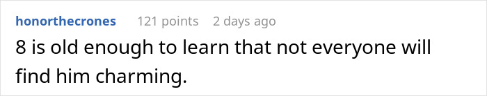 Reddit comment about a man telling a disruptive kid on a plane to be quiet, upsetting the mother, with 121 points. Reddit comment about a man telling a disruptive kid on a plane to be quiet, upsetting the mother, with 121 points.