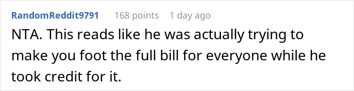 Reddit comment discussing a boyfriend bragging about covering expenses for a birthday trip while the girlfriend was actually behind it.