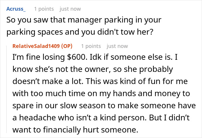 Reddit conversation about daycare manager towing a car and the chaos caused in the parking lot afterward.