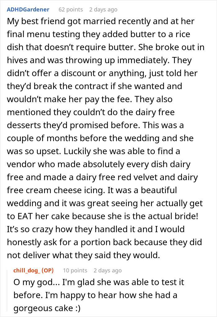Reddit post describing wedding vendors failing to provide cupcakes due to bride’s allergy, causing stress before the event. Reddit post describing wedding vendors failing to provide cupcakes due to bride’s allergy, causing stress before the event.