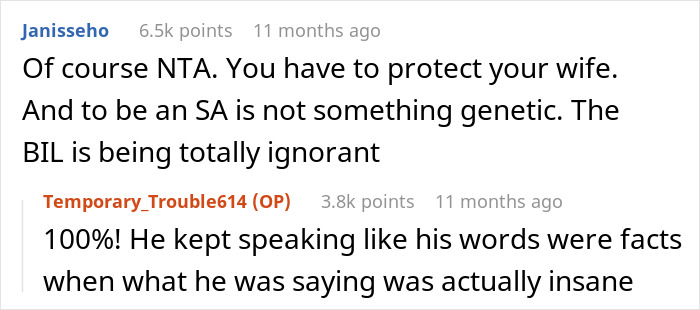 Reddit discussion excerpt showing users debating a man banned from Thanksgiving after upsetting BIL’s wife with his theory.