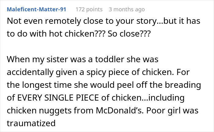 Reddit comment discussing a toddler’s trauma after being given spicy chicken, relating to spicy chicken sandwich chaos. Reddit comment discussing a toddler’s trauma after being given spicy chicken, relating to spicy chicken sandwich chaos.
