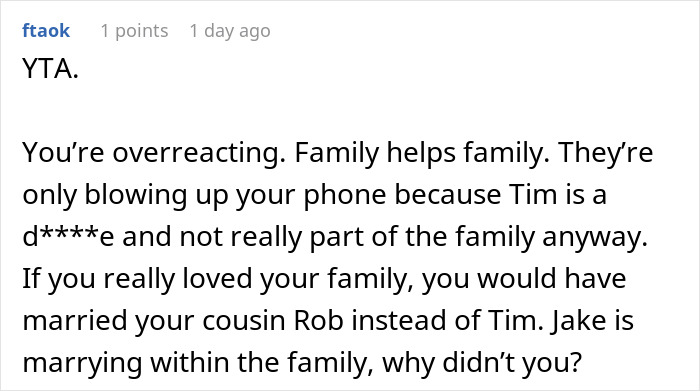 Text conversation criticizing a man for mocking his brother-in-law and uninviting him from the wedding after a joke back. Text conversation criticizing a man for mocking his brother-in-law and uninviting him from the wedding after a joke back.