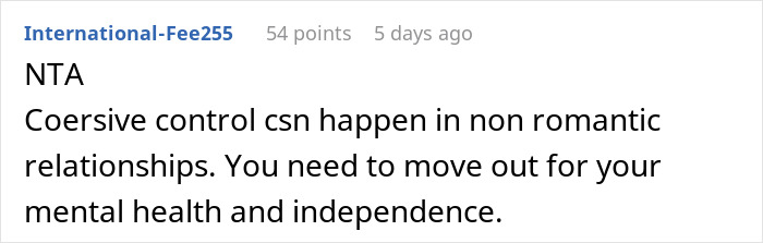 Comment highlighting coercive control by manipulative parents exploiting their 30-year-old daughter financially and emotionally.