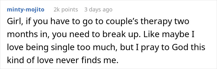 Comment from user minty-mojito warning about couple’s therapy two months in and suggesting breakup to avoid serial cheater issues.