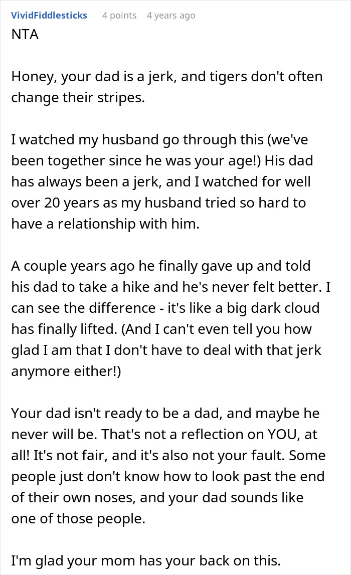 Commenter discusses teen tells dad cake fail and strained father-teen relationship with emotional support from mom. Commenter discusses teen tells dad cake fail and strained father-teen relationship with emotional support from mom.