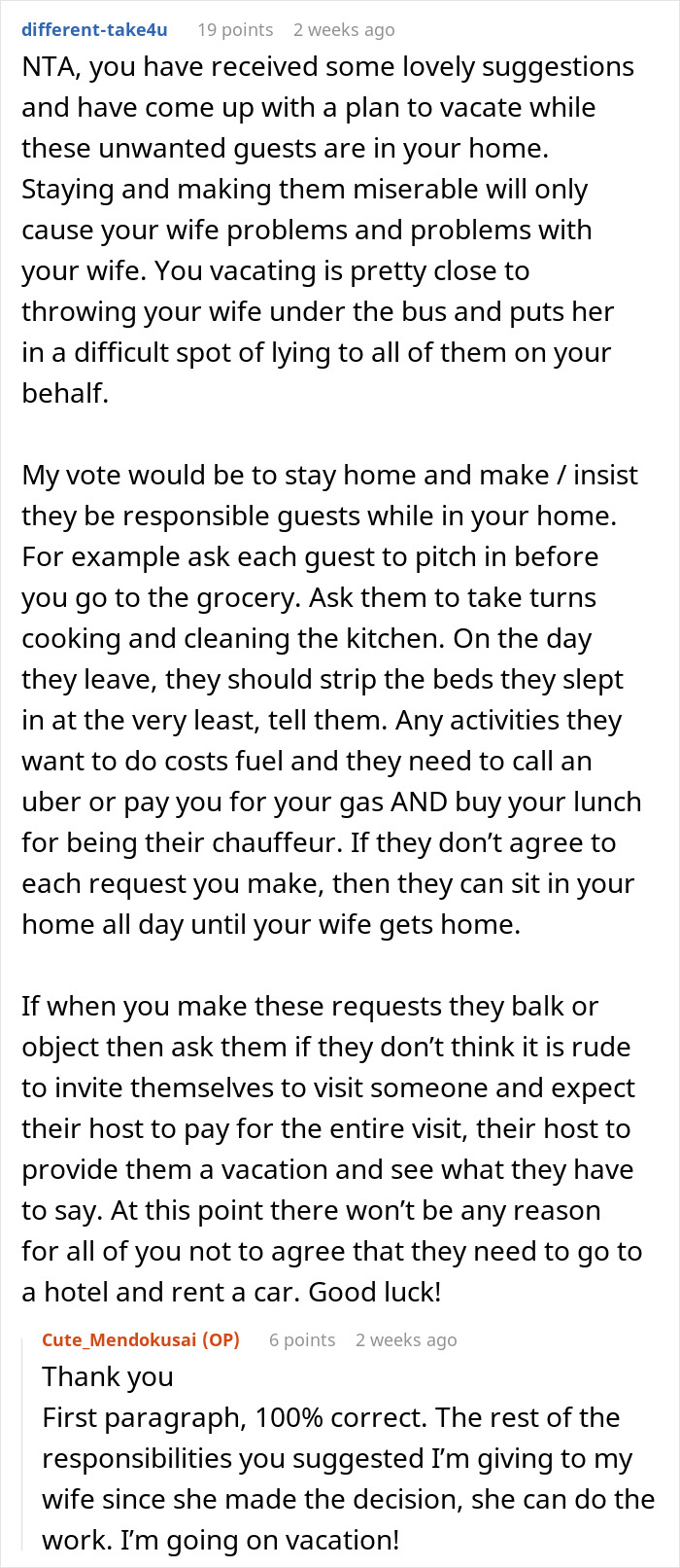 Screenshot of an online discussion about a husband refusing to host wife's distant relatives without thanks. Screenshot of an online discussion about a husband refusing to host wife's distant relatives without thanks.
