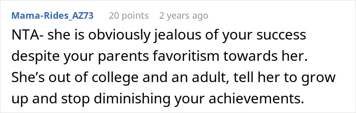 Comment text on a social platform discussing jealousy and college success related to a golden child getting a reality check. Comment text on a social platform discussing jealousy and college success related to a golden child getting a reality check.