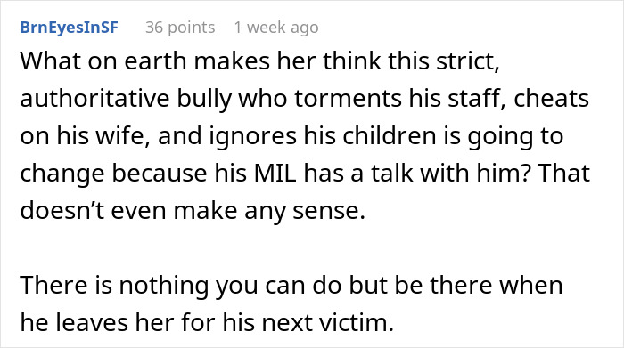 Alt text: Text comment discussing absentee husband, cheating, and mother-in-law's concerns about family issues. Alt text: Text comment discussing absentee husband, cheating, and mother-in-law's concerns about family issues.