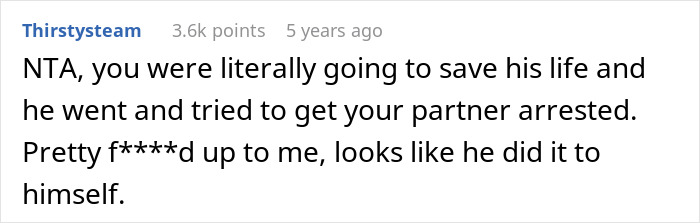 Comment on refusing donate liver lawsuit, discussing a life-saving situation and a partner’s wrongful arrest attempt.