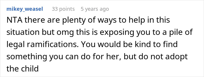 Screenshot of a social media comment discussing a woman unable to afford her child and her half-brother refusing to adopt.