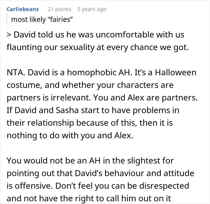 Alt text: Online comment discussing masculinity so fragile in reaction to Halloween costume causing relationship issues. Alt text: Online comment discussing masculinity so fragile in reaction to Halloween costume causing relationship issues.